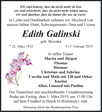 Traueranzeige von Edith Galinski von Märkische Oderzeitung