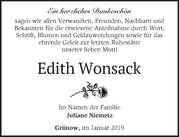 Traueranzeige von Edith Wonsack von Märkische Oderzeitung