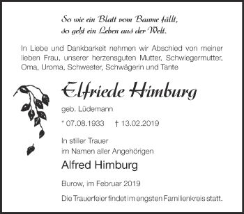 Traueranzeige von Elfriede Himburg von Märkische Oderzeitung