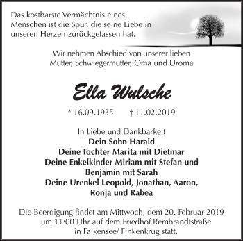 Traueranzeige von Ella Wulsche von Märkische Oderzeitung