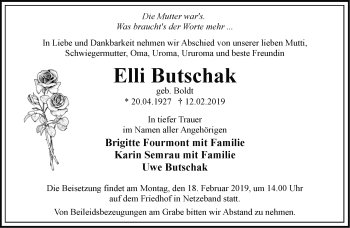 Traueranzeige von Elli Butschak von Märkische Oderzeitung