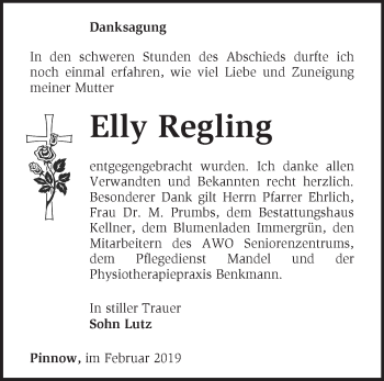 Traueranzeige von Elly Regling von Märkische Oderzeitung