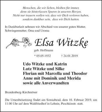 Traueranzeige von Elsa Witzke von Märkische Oderzeitung