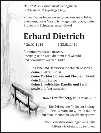 Traueranzeige von Erhard Dietrich von Märkische Oderzeitung