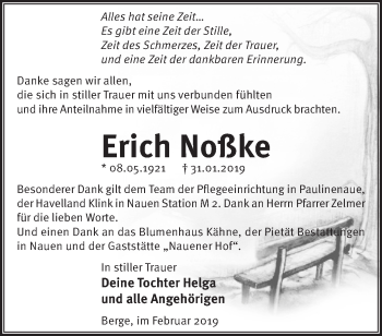 Traueranzeige von Erich Noßke von Märkische Oderzeitung