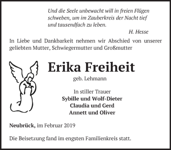 Traueranzeige von Erika Freiheit von Märkische Oderzeitung