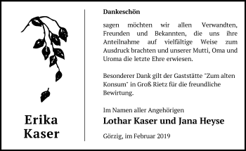 Traueranzeige von Erika Kaser von Märkische Oderzeitung