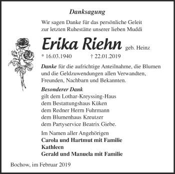 Traueranzeige von Erika Riehn von Märkische Oderzeitung