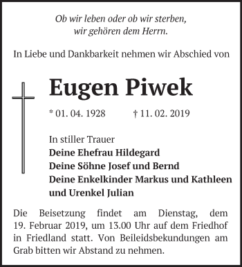 Traueranzeige von Eugen Piwek von Märkische Oderzeitung