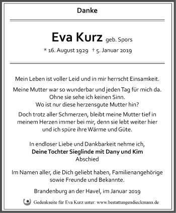 Traueranzeige von Eva Kurz von Märkische Oderzeitung