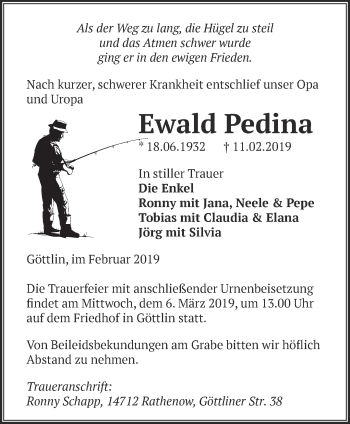 Traueranzeige von Ewald Pedina von Märkische Oderzeitung