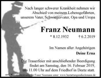 Traueranzeige von Franz Neumann von Märkische Oderzeitung