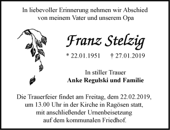 Traueranzeige von Franz Stelzig von Märkische Oderzeitung