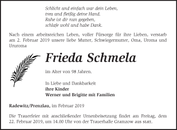 Traueranzeige von Frieda Schmela von Märkische Oderzeitung