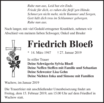 Traueranzeige von Friedrich Bloeß von Märkische Oderzeitung