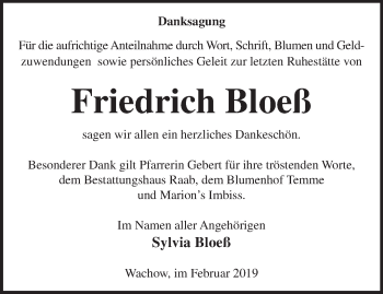 Traueranzeige von Friedrich Bloeß von Märkische Oderzeitung