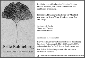 Traueranzeige von Fritz Rahneberg von Märkische Oderzeitung