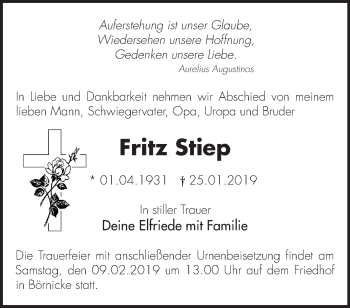 Traueranzeige von Fritz Stiep von Märkische Oderzeitung