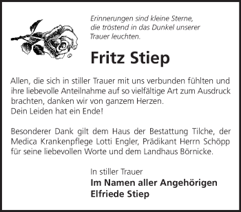 Traueranzeige von Fritz Stiep von Märkische Oderzeitung