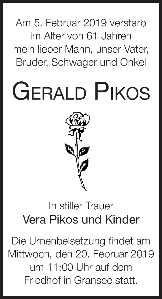  Traueranzeige für Gerald Pikos vom 16.02.2019 aus Märkische Oderzeitung