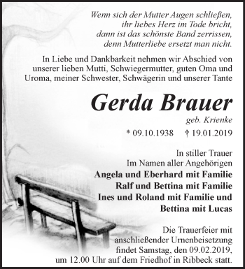 Traueranzeige von Gerda Brauer von Märkische Oderzeitung