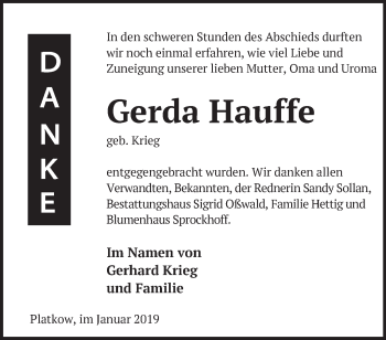 Traueranzeige von Gerda Hauffe von Märkische Oderzeitung