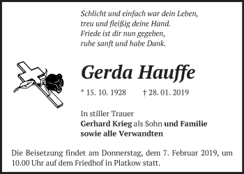 Traueranzeige von Gerda Hauffe von Märkische Oderzeitung