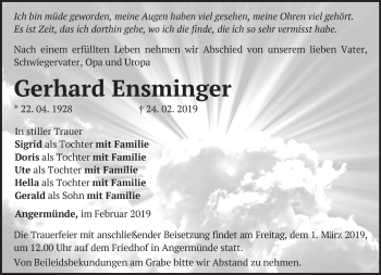 Traueranzeige von Gerhard Ensminger von Märkische Oderzeitung