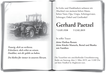 Traueranzeige von Gerhard Paetzel von Märkische Oderzeitung