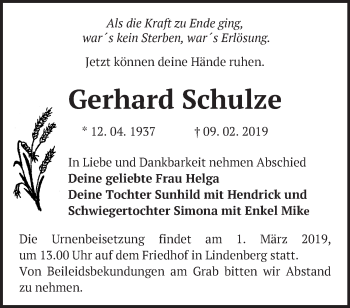 Traueranzeige von Gerhard Schulze von Märkische Oderzeitung