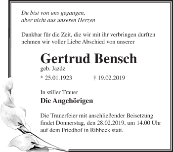 Traueranzeige von Gertrud Bensch von Märkische Oderzeitung