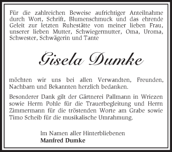 Traueranzeige von Gisela Dumke von Märkische Oderzeitung