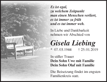 Traueranzeige von Gisela Liebing von Märkische Oderzeitung