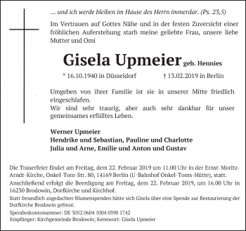 Traueranzeige von Gisela Upmeier von Märkische Oderzeitung