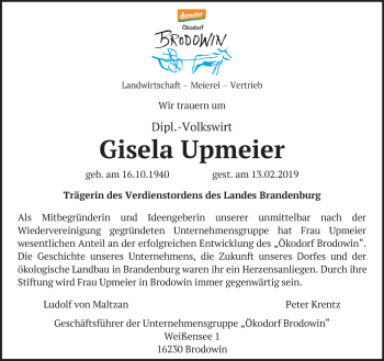 Traueranzeige von Gisela Upmeier von Märkische Oderzeitung