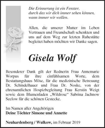 Traueranzeige von Gisela Wolf von Märkische Oderzeitung