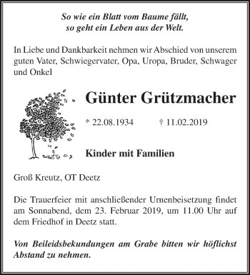 Traueranzeige von Günter Grützmacher von Märkische Oderzeitung