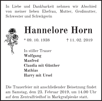 Traueranzeige von Hannelore Horn von Märkische Oderzeitung