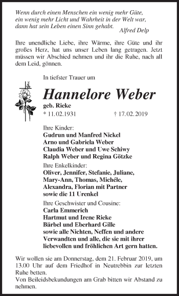 Traueranzeige von Hannelore Weber von Märkische Oderzeitung