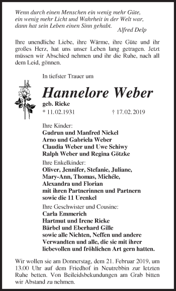 Traueranzeige von Hannelore Weber von Märkische Oderzeitung