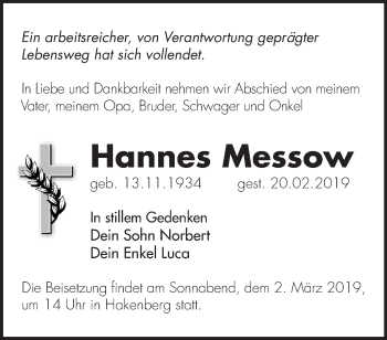 Traueranzeige von Hannes Messow von Märkische Oderzeitung