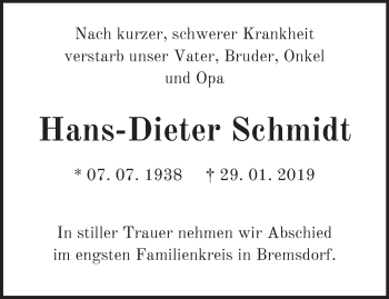 Traueranzeige von Hans-Dieter Schmidt von Märkische Oderzeitung