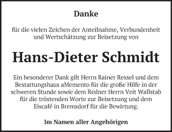 Traueranzeige von Hans-Dieter Schmidt von Märkische Oderzeitung