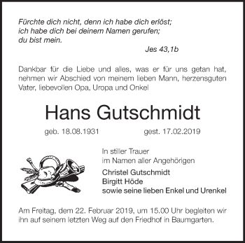 Traueranzeige von Hans Gutschmidt von Märkische Oderzeitung