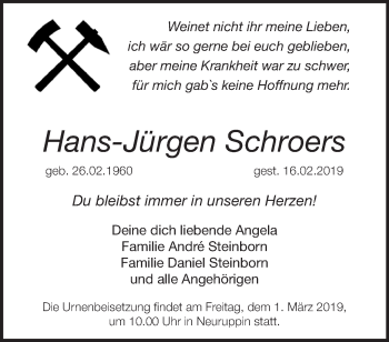 Traueranzeige von Hans-Jürgen Schroers von Märkische Oderzeitung