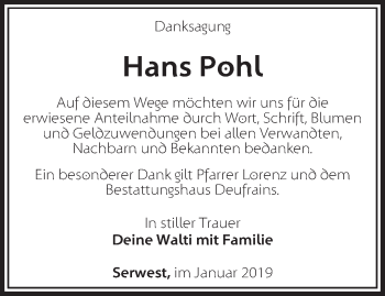 Traueranzeige von Hans Pohl von Märkische Oderzeitung