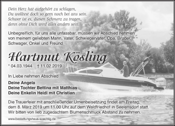 Traueranzeige von Hartmut Kösling von Märkische Oderzeitung