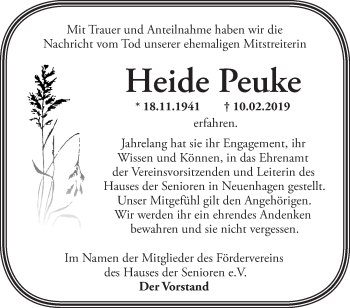 Traueranzeige von Heide Peuke von Märkische Oderzeitung