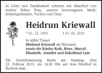 Traueranzeige von Heidrun Kriewall von Märkische Oderzeitung