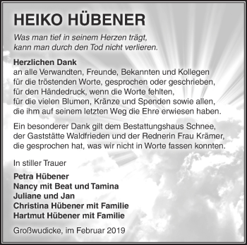 Traueranzeige von Heiko Hübener von Märkische Oderzeitung